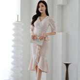 Elegance V-neck Slim Fit Ruffled Fishtail Design Sense Business Dress