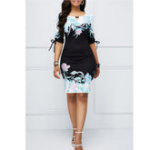 European And American Large Size Digital Printing Slim Sheath Large Size Stretch Business Dress Women