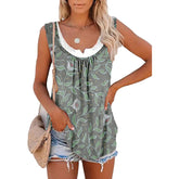 Spring And Summer Tops Printed Sleeveless Pleating Vest T-shirt For Women