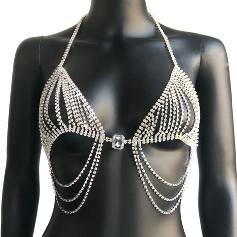 Sexy Stage Costume Women Chain Shiny Rhinestone Bikini Crystal Party