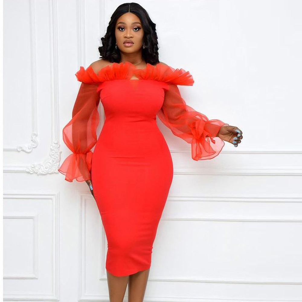 Sexy Perspective Stitching Halter High Waist Large Size Slim Business Wear Women's Dress