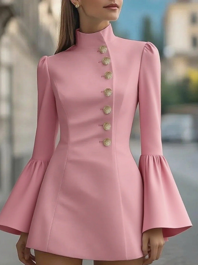 Solid Color Stand-up Collar Flared Sleeves Business Suit And Dress