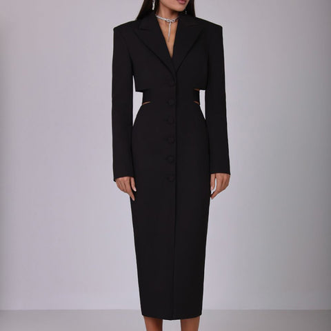 Hollow-out Midriff Single-breasted Long Sleeve Business Suit And Dress