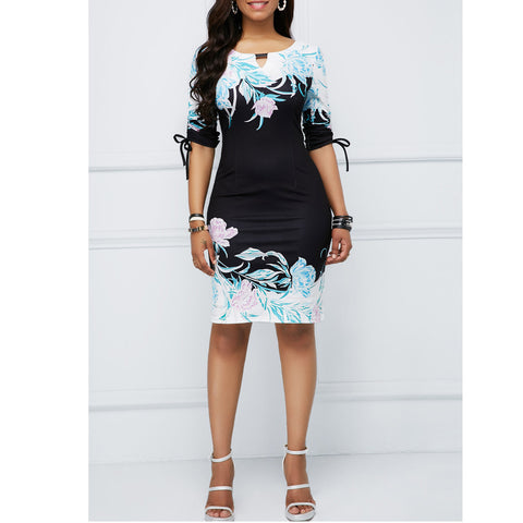 European And American Large Size Digital Printing Slim Sheath Large Size Stretch Business Dress Women