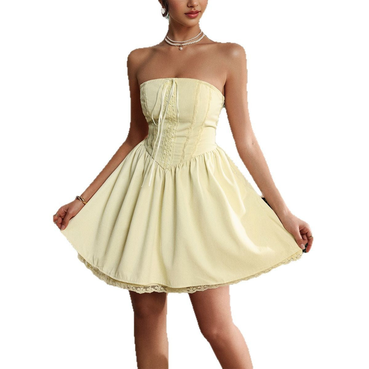 Party Evening Dress Tube Top Lace Trim Dress Women