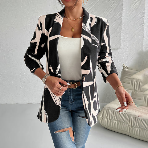 Women's Abstract Print Blazer Button Front Lapel Long Sleeve Office Blazer Elegant Work Jacket For Women
