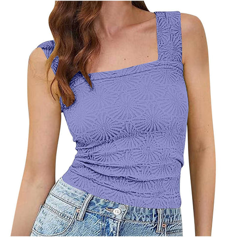 New Slim Fit Square Neck Vest Summer Fashion Jacquard Sleeveless Top For Women Clothing