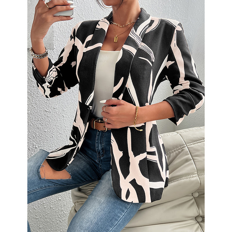 Women's Abstract Print Blazer Button Front Lapel Long Sleeve Office Blazer Elegant Work Jacket For Women