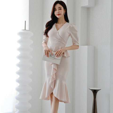 Elegance V-neck Slim Fit Ruffled Fishtail Design Sense Business Dress