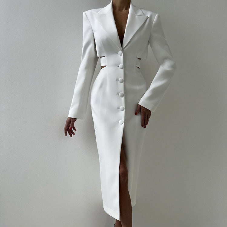 Hollow-out Midriff Single-breasted Long Sleeve Business Suit And Dress