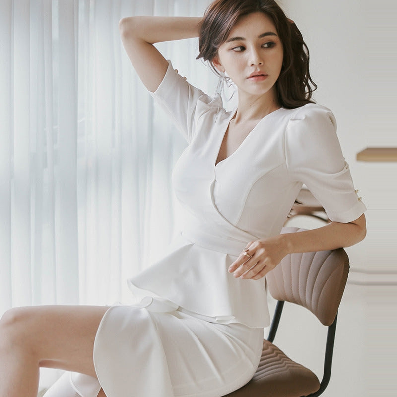 Elegance V-neck Slim Fit Ruffled Fishtail Design Sense Business Dress