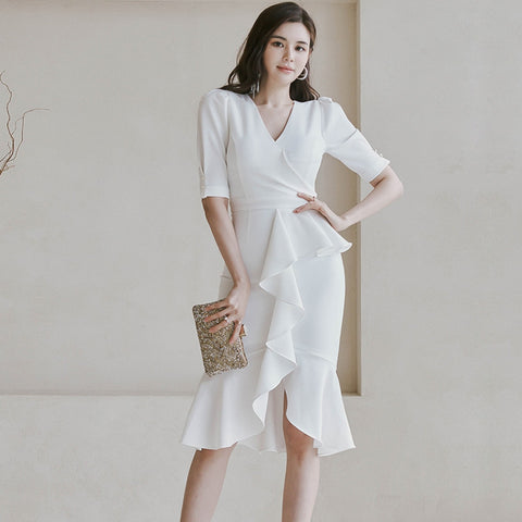 Elegance V-neck Slim Fit Ruffled Fishtail Design Sense Business Dress