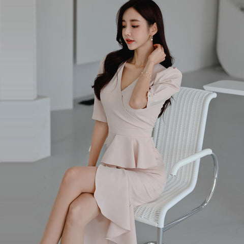 Elegance V-neck Slim Fit Ruffled Fishtail Design Sense Business Dress