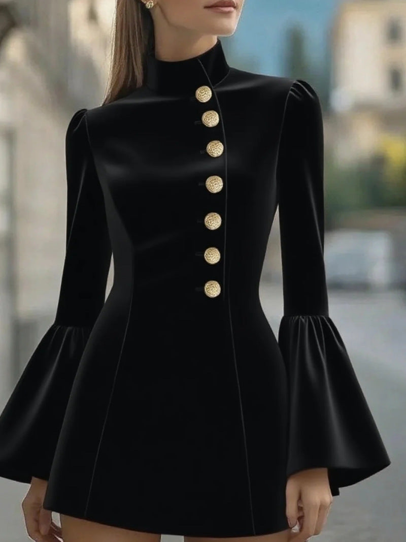 Solid Color Stand-up Collar Flared Sleeves Business Suit And Dress