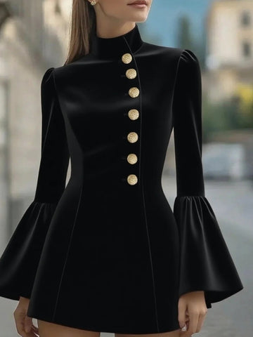 Solid Color Stand-up Collar Flared Sleeves Business Suit And Dress