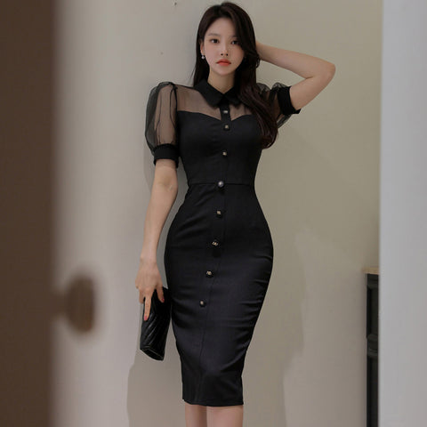 Mid-length Slim-fitting Patchwork Mesh Business Sheath Dress