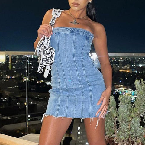 Fashion Backless Tube Denim Dress Summer Sexy Y2K Slim Short Dresses For Women Clothing