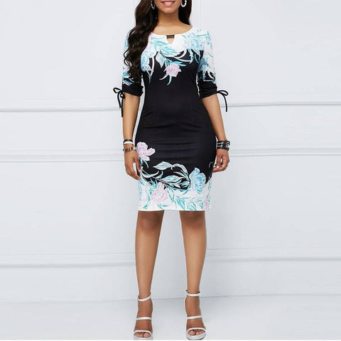 European And American Large Size Digital Printing Slim Sheath Large Size Stretch Business Dress Women