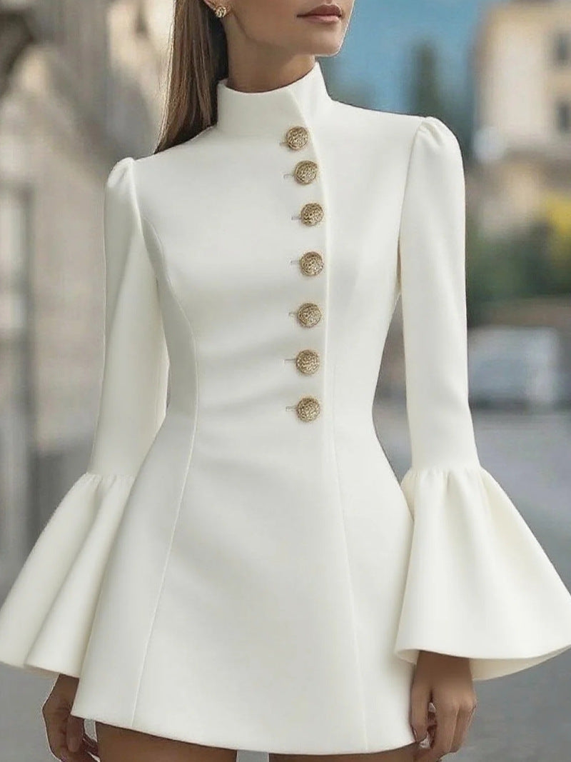 Solid Color Stand-up Collar Flared Sleeves Business Suit And Dress