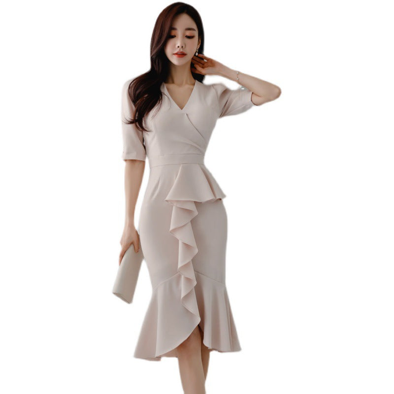 Elegance V-neck Slim Fit Ruffled Fishtail Design Sense Business Dress