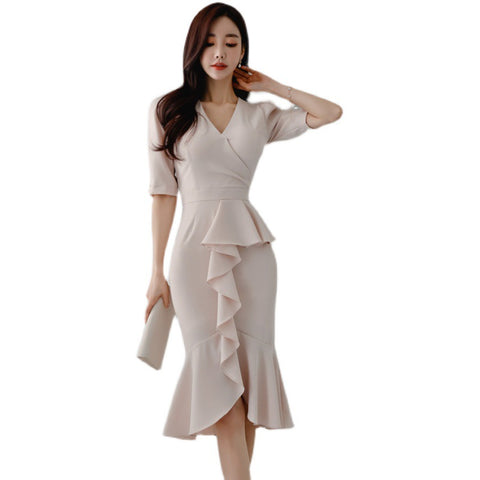 Elegance V-neck Slim Fit Ruffled Fishtail Design Sense Business Dress