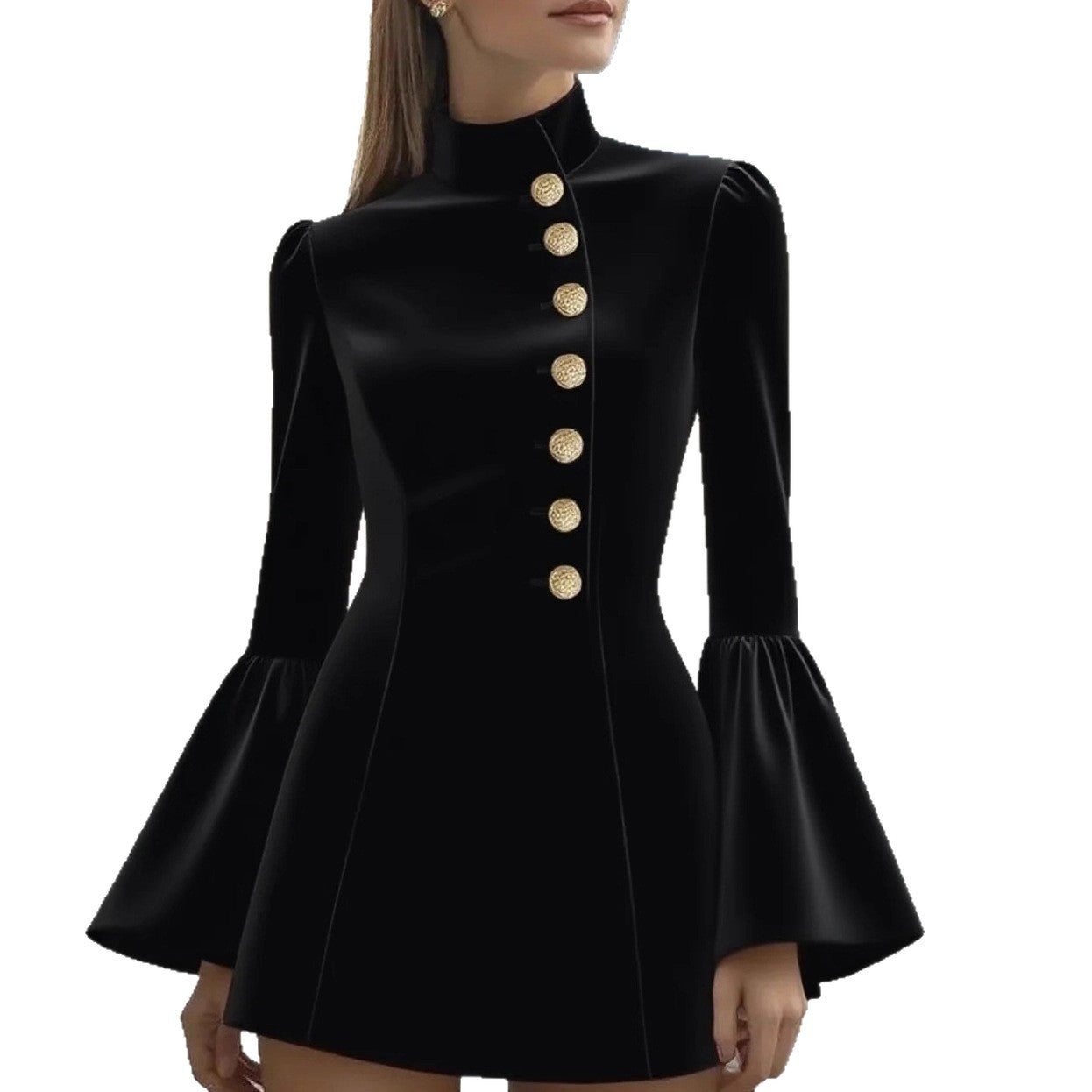 Solid Color Stand-up Collar Flared Sleeves Business Suit And Dress